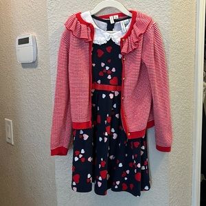 Janie & Jack Valentine’s Day Heart Dress & Red Striped Cardigan -Girls size 6